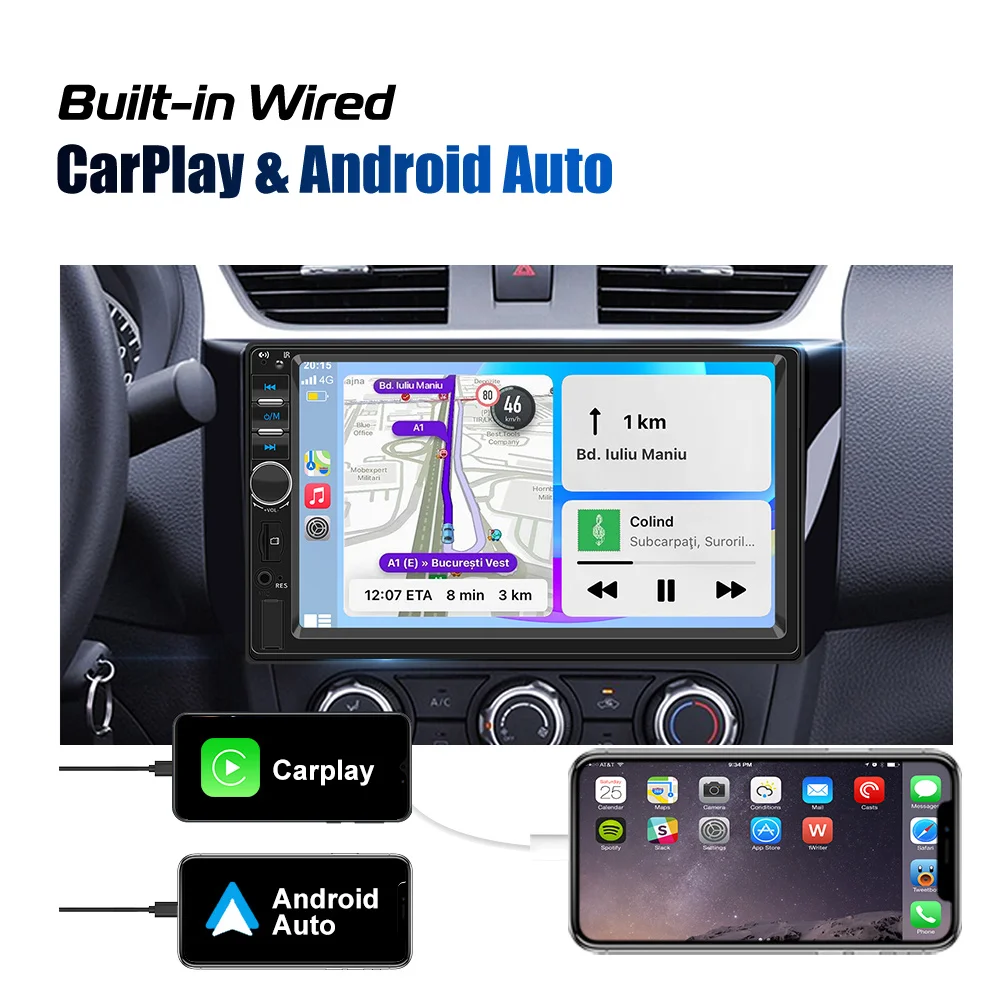 ESSGOO 7 Zoll 1 DIN Universelles Autoradio Stereo Kabelgebundenes Carplay Android Auto Bluetooth TF USB AUX HD Touchscreen Haupteinheit – Detail 7
