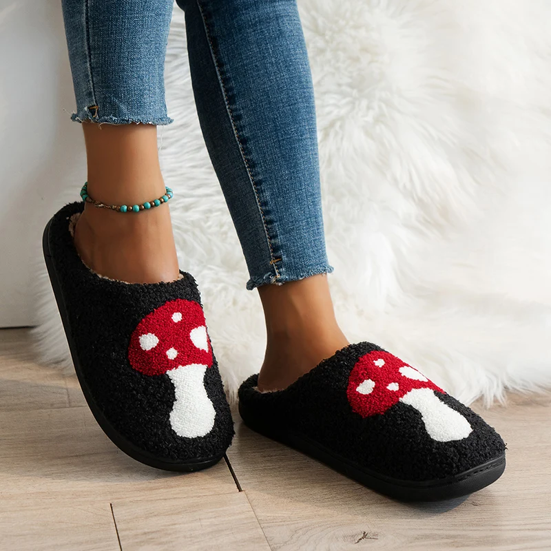 Fashion Mushroom Slides Slippers Shoe Women Flat Footwear Winter Home Slippers Woman Man Fulffy Fur Slides Indoor House Shoes