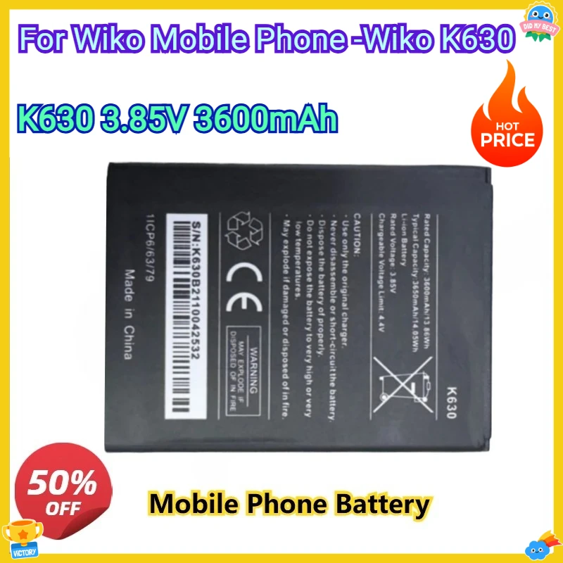 

Сменный аккумулятор мобильного телефона K630 3,85 В, 3600 мАч для мобильного телефона Wiko — литиевые аккумуляторы Wiko K630