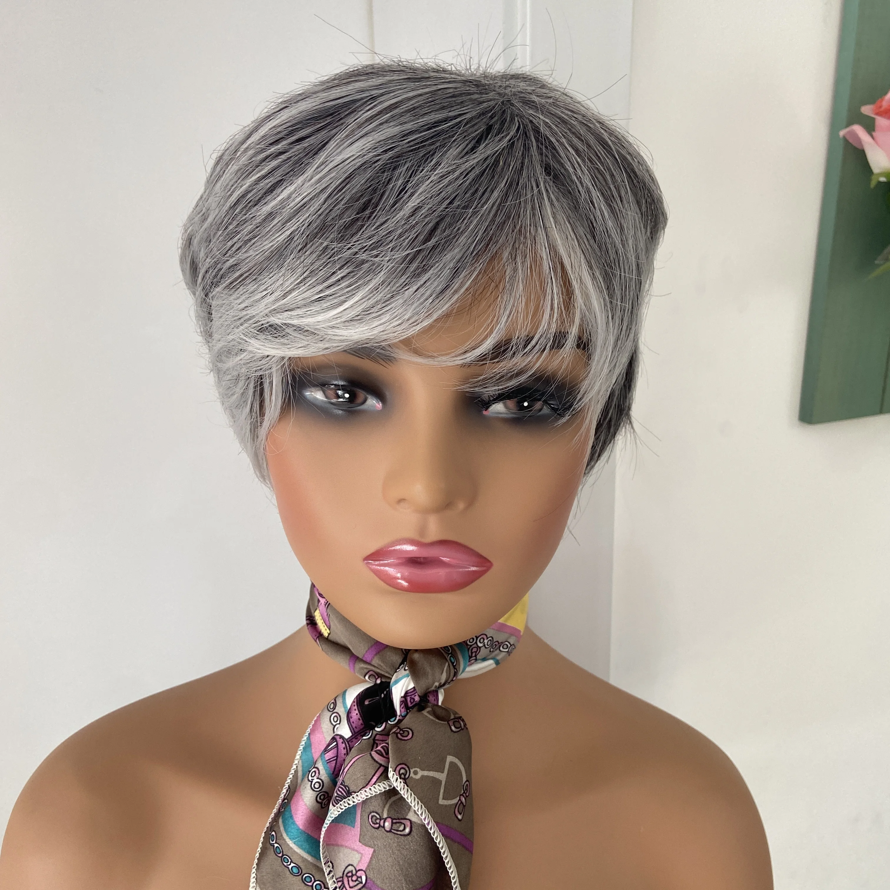 Fashiomag Short Curly Hair Wig Black Mix White Silvery Synthetic Women Soft Natural Daily Grandma Style