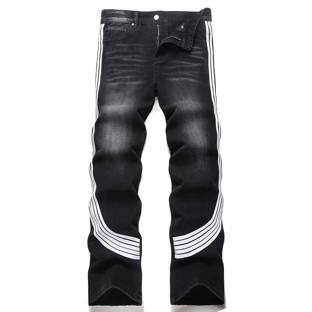

Men Stripe Denim Jeans Casual Loose Straight Cotton Pants Streetwear Trousers Black Blue
