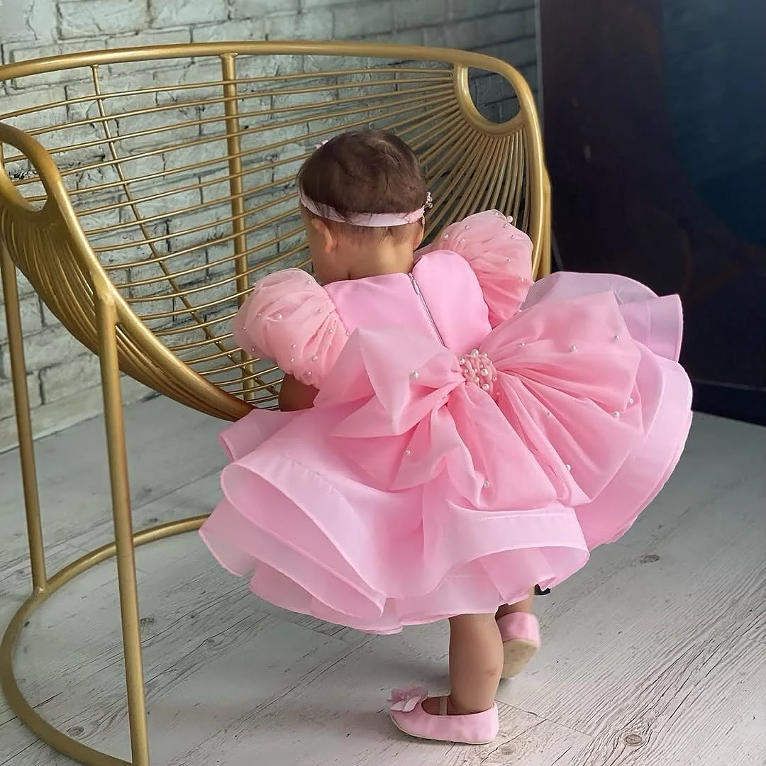 Lovely Pink Flower Girl Dress For Wedding Short Sleeves with Bows Puffy Knee Lenght Kids Birthday First Communion Gowns Custom