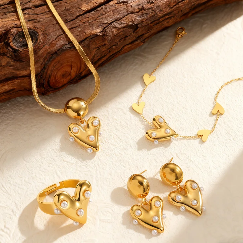 

Sweet Inlaid Imitation Pearls Gold Plated Heart Earrings Ring Bracelet Necklace For Women Girl Stainless Steel Jewelry Set Gifts
