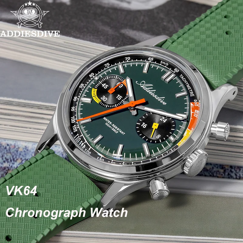 ADDIESDIVE Luxury VK64 Chronograph Wristwatch 38mm Domed Glass Quartz Watches BGW9 Luminous Waterproof 10Bar Retro Men's Watch