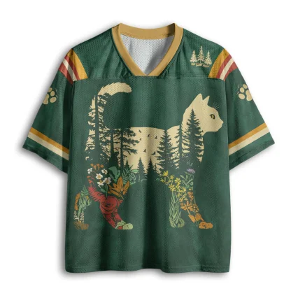Forest Wildflower Cat Silhouette Print Men V Neck Mesh Jersey Nature Animal Short Sleeve Tops