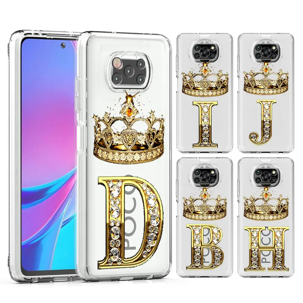 Diamond Crown 26 Letters Phone Case For Poco X5 NFC X3 F5 F4 F3 M3 For Xiaomi 12T 12 13 Lite 11 Ultra Mi 10T 5G 11X Pro Cover