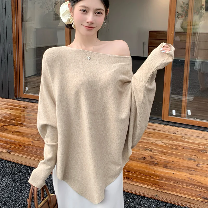 Lazy wind V-neck knitted Sweater Jacket 2026 Autumn And Winter New Irregular Design Bat Sleeve Women's Top