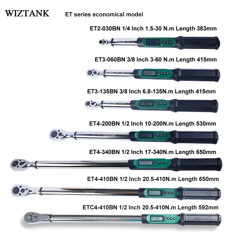 WIZTANK Digital Torque Wrench ET Reversible Quick Release Ratchet Spanner 1/4 3/8 1/2 Inch, 1.5-410Nm Bike Car Repair