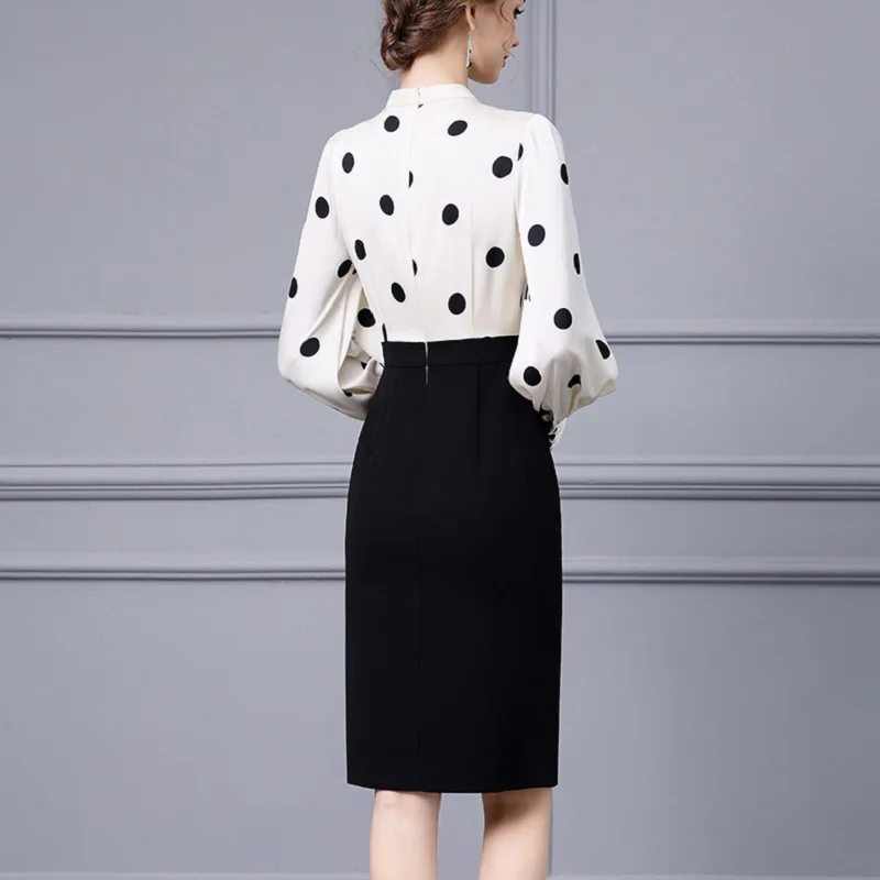 Office lady chic hip wrap dresses polka dots patchwork fake two piece lantern sleeve dress 2024 new fashion