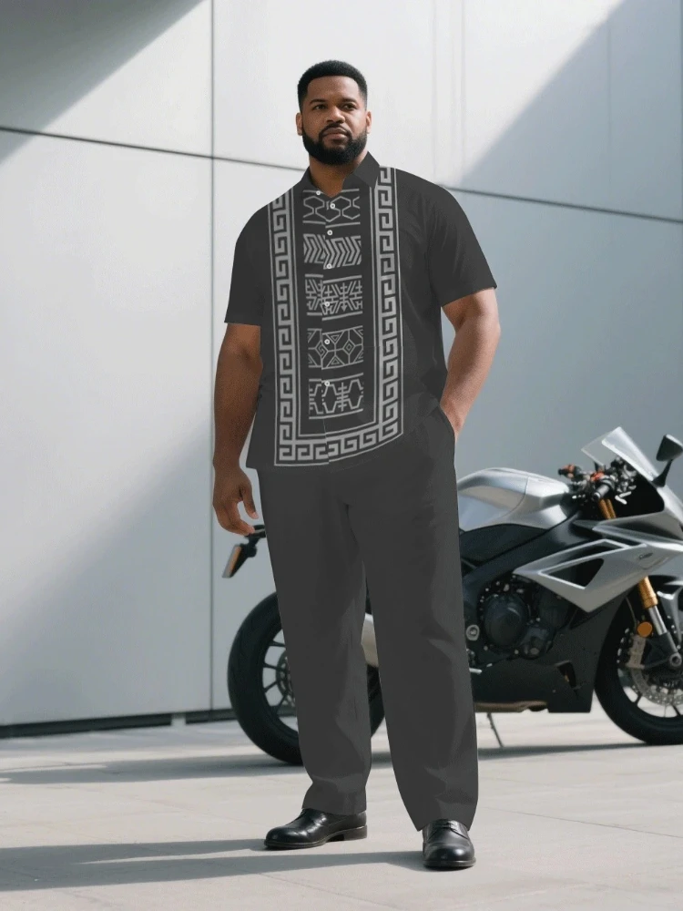 

S-9XL Plus Size Men's Tribal Paisley & Baroque Print Shirt & Pants Set, Oversized Casual 2-Piece Summer Outfit for Streetwear
