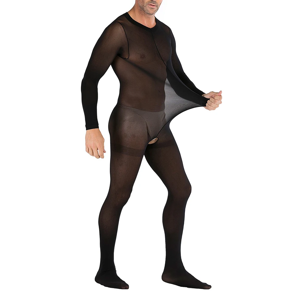 Body Sexy para hombre, lencería exótica sin entrepierna, mono transparente negro, medias de cuerpo completo ahuecadas, ropa interior