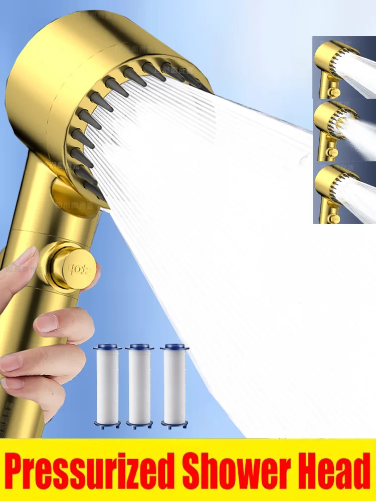 

Upgraded Golden High Pressure Shower Head 3 Modes Adjustable Filtered Showerheads Water Saving One-Key Stop Water Spray Nozzle