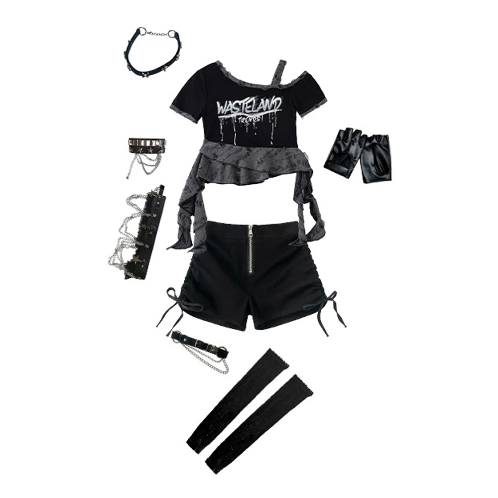 Girls Street Dance Clothes Slope-shoulder Top Baggy Pant Fashion Short Cheerleading Dance Performance Costume Group Hip Hop Suit