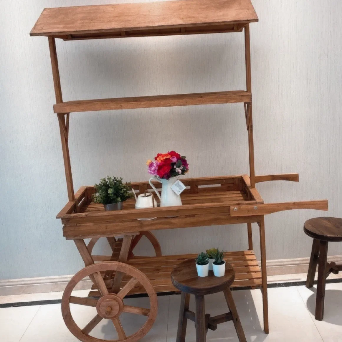حامل زهور عائم خشبي يدويًا من الريف الأمريكي، رف زهور، رف عرض مزخرف لمتجر الزهور، عربة قديمة #3