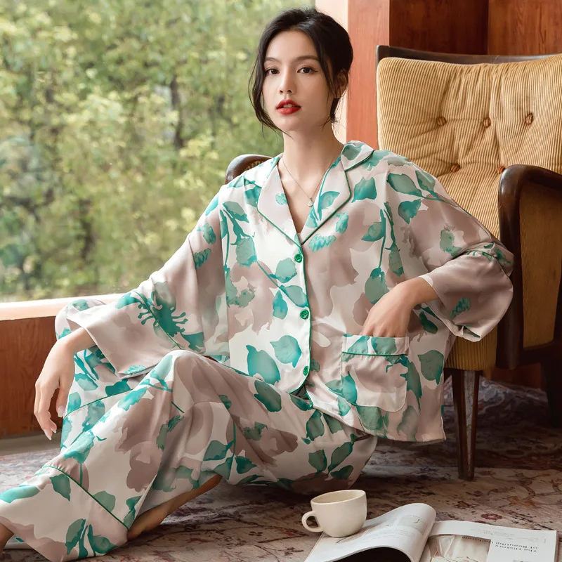 Women's New Arrival Silk-Feel Ice-Silk Lightweight Long-Sleeve Pajama Set Two-Piece Comfortable Homewear Suit