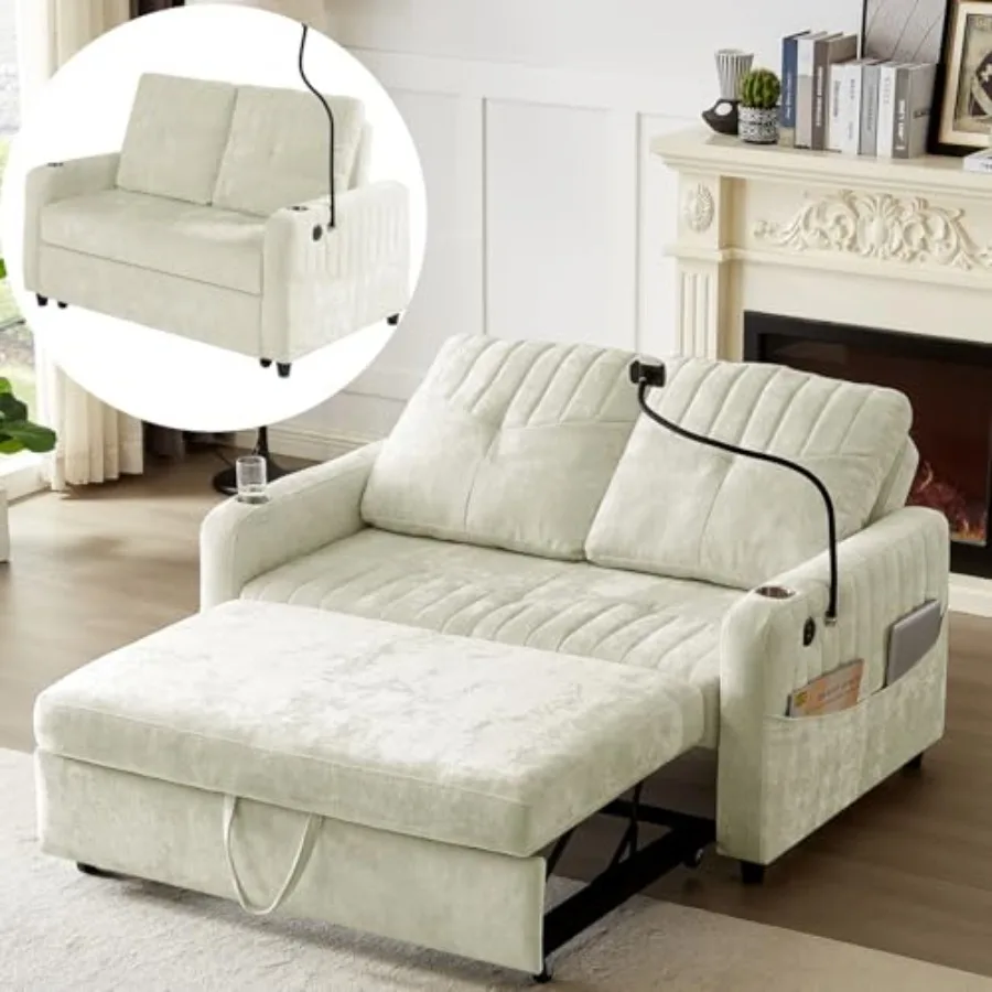 

Chenille 3-in-1 Pull Out Sleeper Sofa Bed Couch, 54" Convertible Futon Loveseat with Adjustable Backrest, 2 Cup Holders, Phone