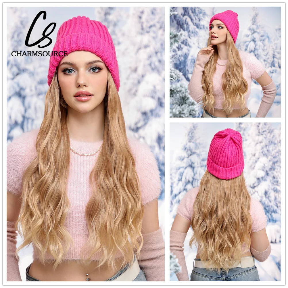 

CharmSource Hat wigs Cap with Hair Blonde Color Connect Synthetic Hair Extensions for Women Daily Party High Temperature Fiber