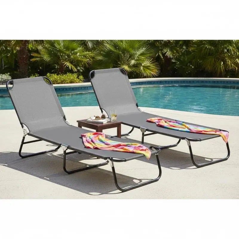 2 Pieces Pool Chaise Lounge Chairs, Folding Lounge Chairs with 5-Level Reclining Back, Steel Frame, Dark Gray