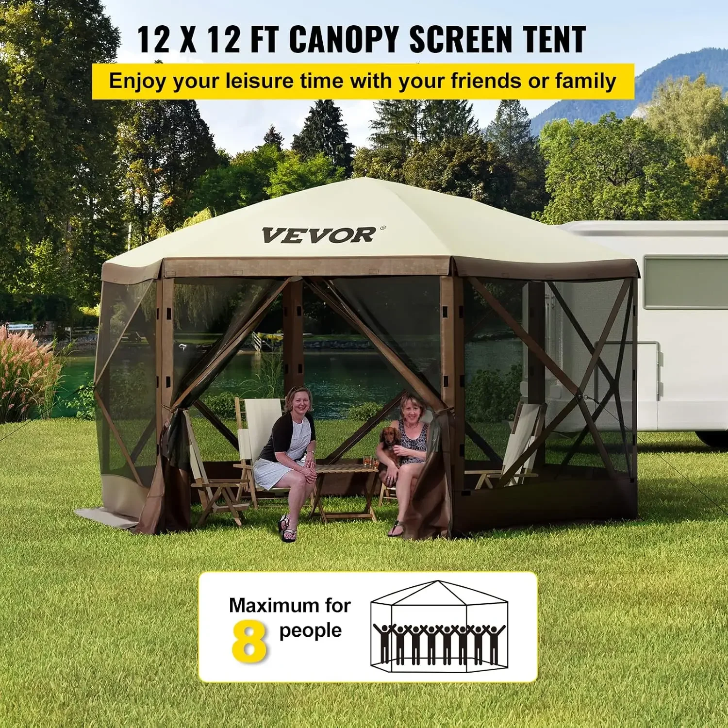 Camping Gazebo Screen Tent,12 * 12ft,6 Sided Pop-up Canopy Shelter Tent with Mesh Windows,Portable Carry Bag, Stakes