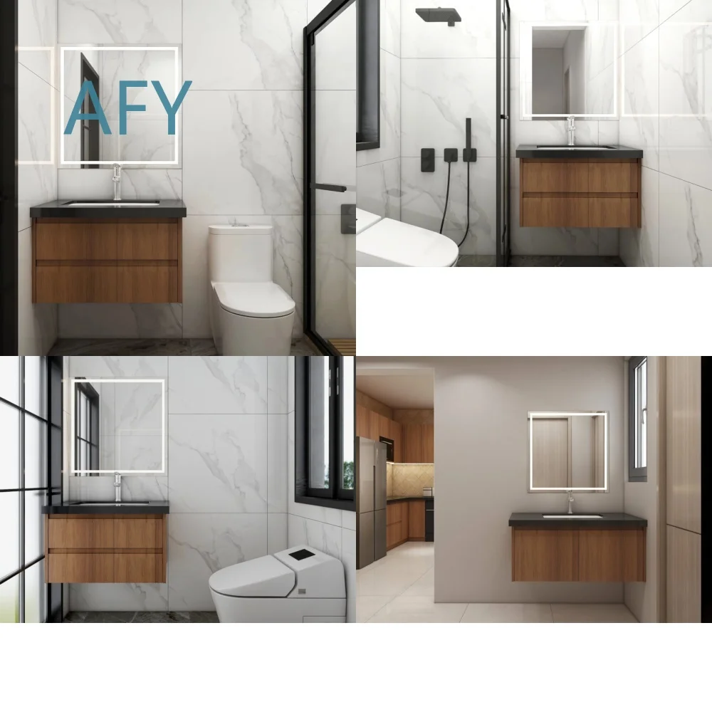 Wall Mounted Solid Surface Double Sink Cabinet for Bathroom Vanity with Marble Basin and Solid Wood Construction for Modern