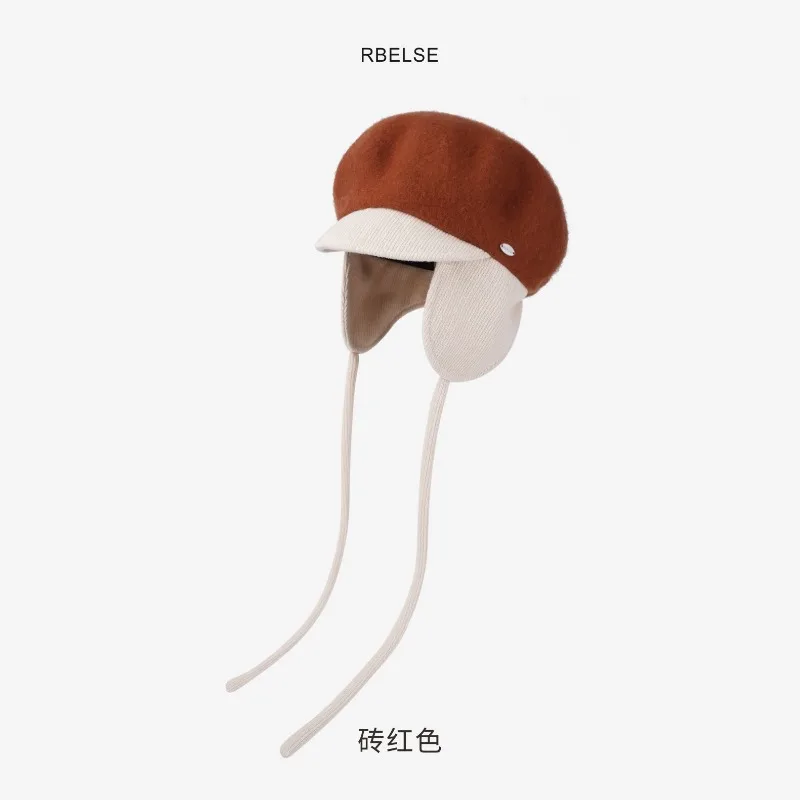Japanische Nischen-Beret für Herbst und Winter, künstlerische Retro-Malerhut, Herren- und Damen-Fahrradmütze mit Ohrenschutz, Bomberhut – Detail 3