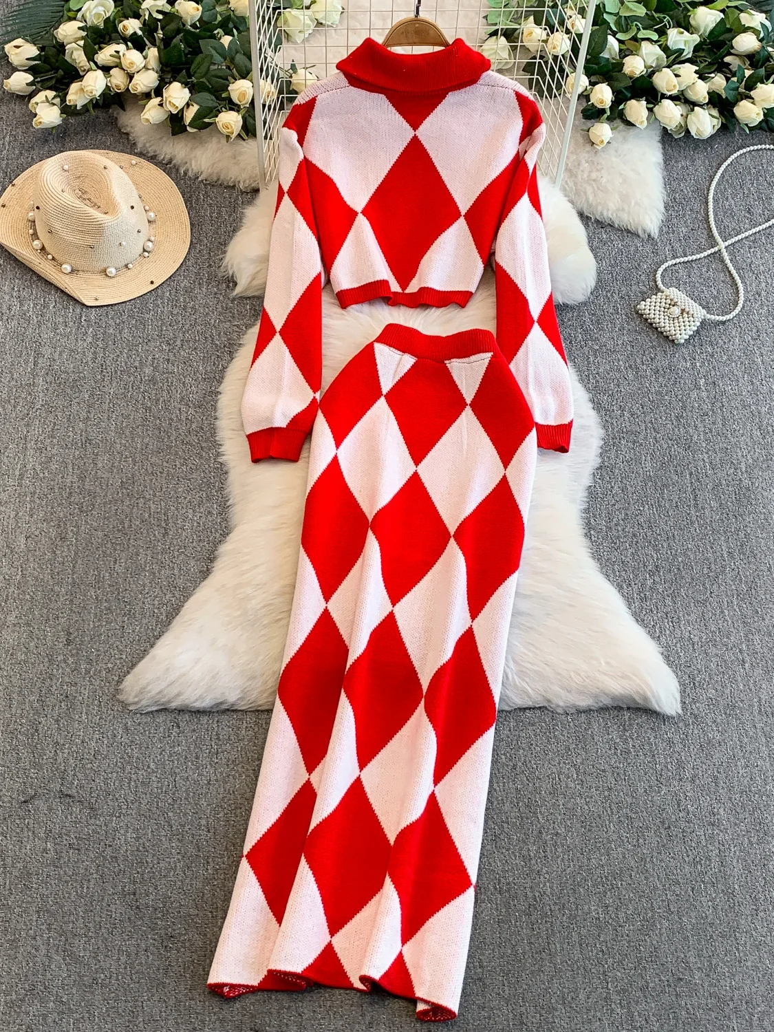 

Faionable ort Трикотажный джерт и длинная юбка Комплект из двух предметов Ромбовидный узор Отложной воротник Эффект похудения Зимний наряд