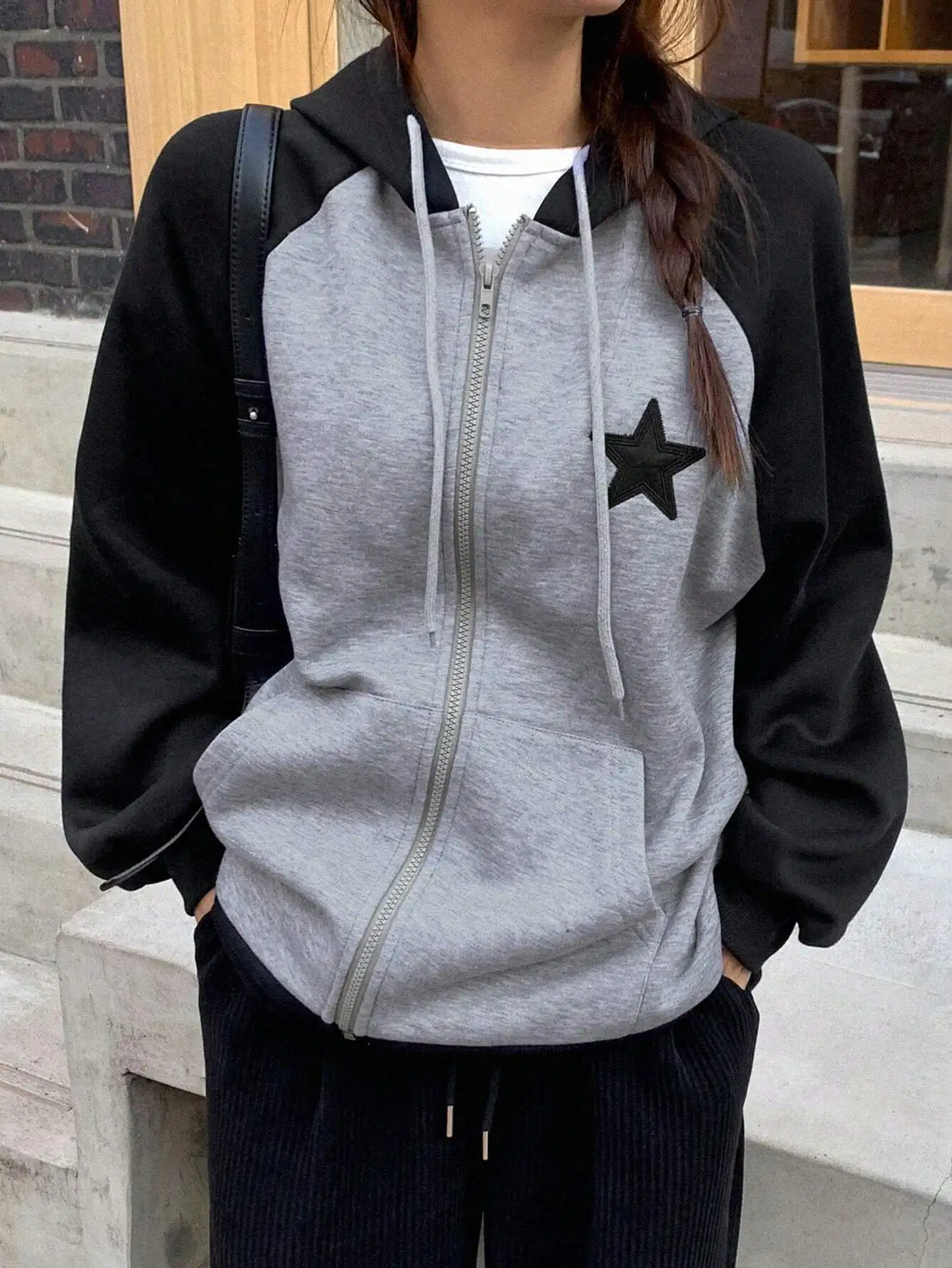 

Women's Gray Black Contrast Raglan Sleeve Zip-Up Hoodie with Star Patch