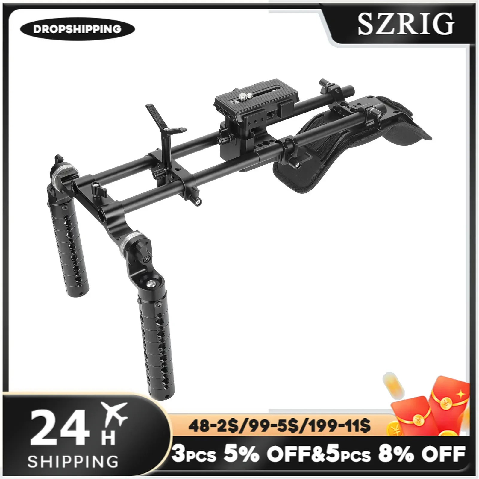 SZRIG Handheld Shoulder Mount Rig With Manfrotto Quick Release Baseplate & Dual ARRI Rosette Aluminum Cheese Handgrip