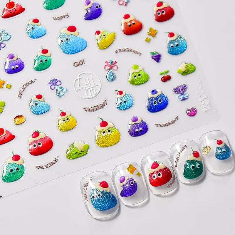 Gelei Pudding Kersen Grappige Ogen Fruit Voedsel Geboord Kat Glanzende Liefde Hart Cartoon Taart Koek Reliëf Nail Art Sticker Manicure Sticker