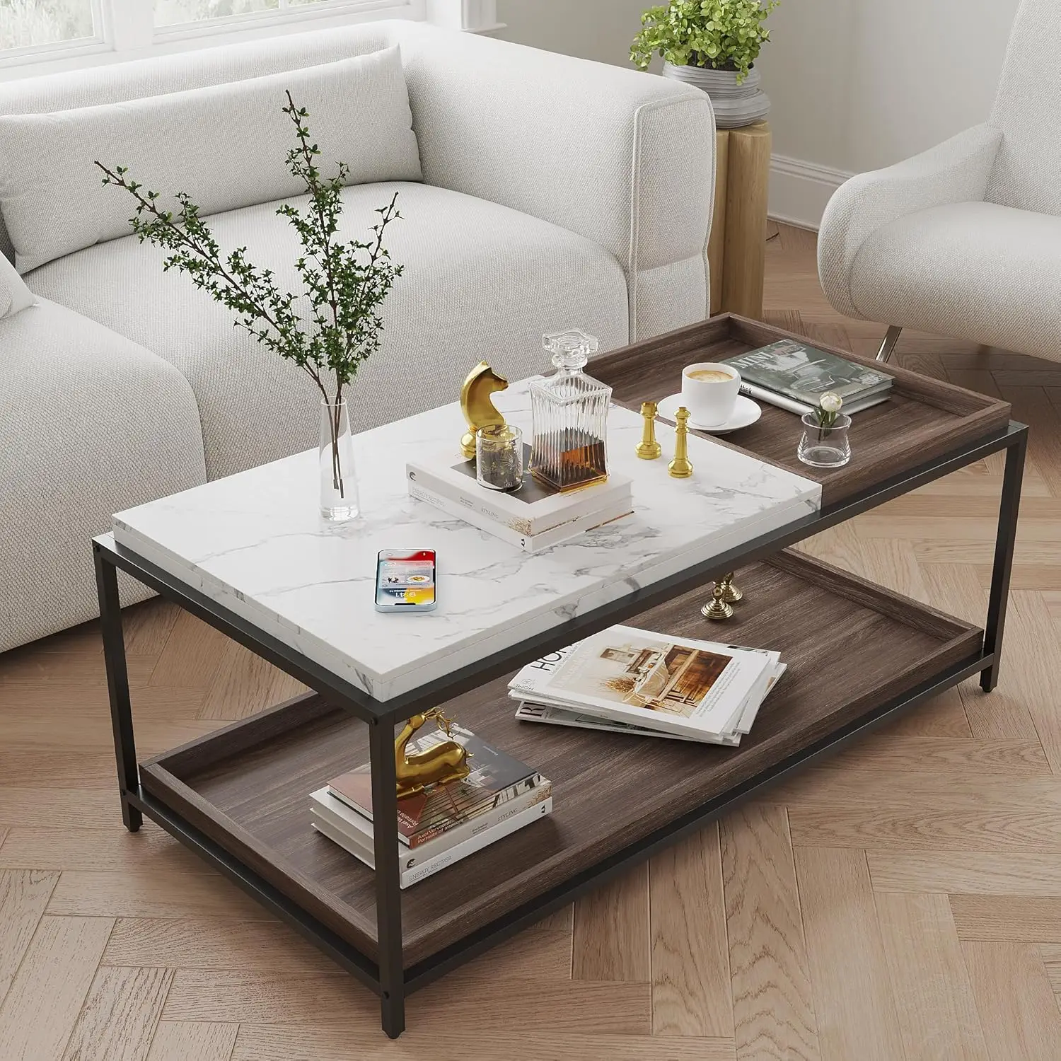 

Convertible Entertaining Coffee Table - Faux Marble Coffee Table with 2 Removable Trays, 47 Living Room Table, Modern Table