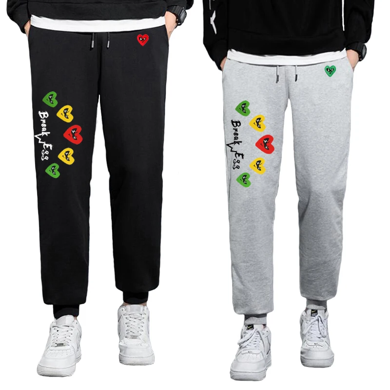 

Men Women Spring Autumn Pants Heart Cartoon Embroidery Colorful Multi Heart Print Cotton Elastic Bind Feet Drawstring Pants