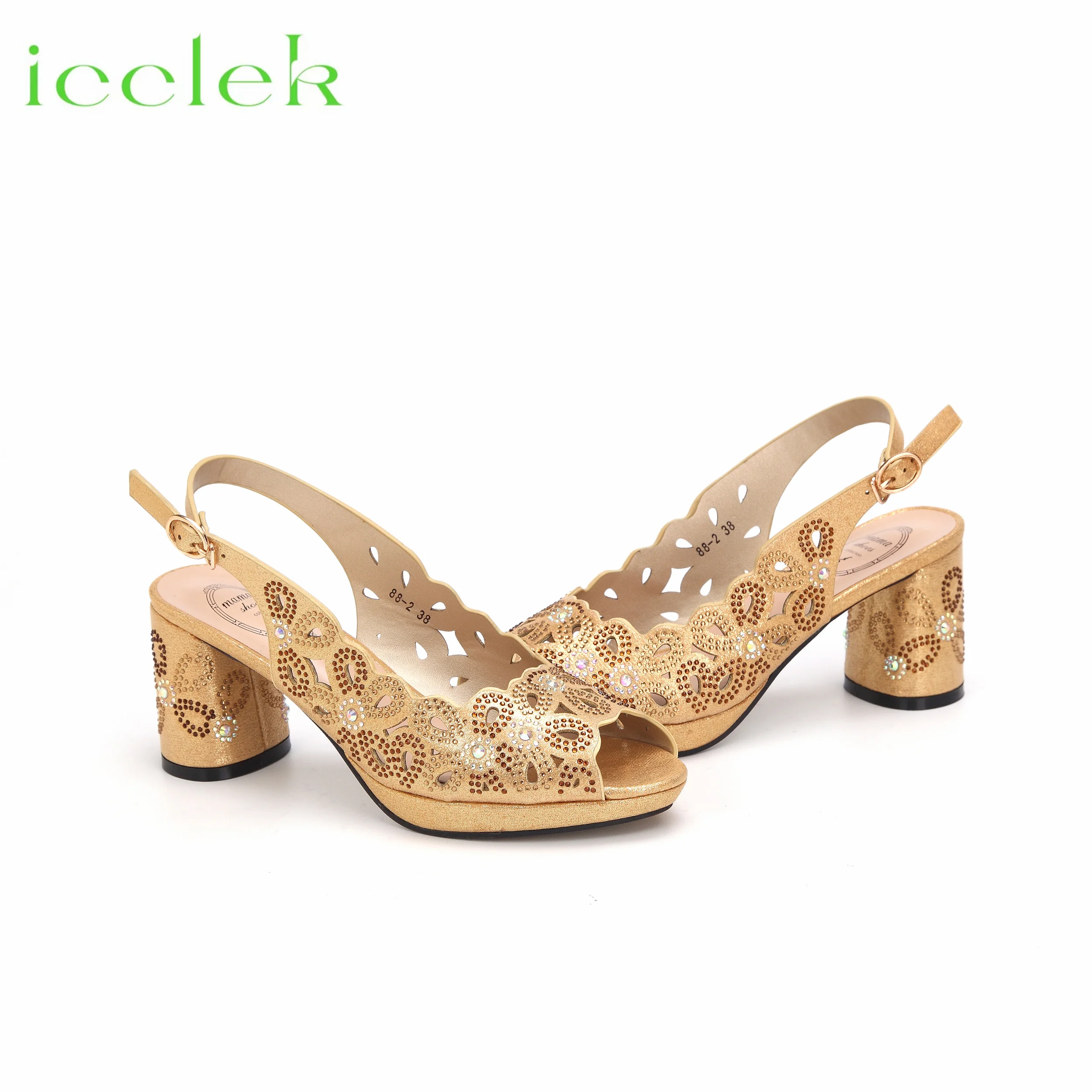 Gold Color Crystal Decoration Style Round Heels Friends Party Shoes Nigerian Fashion Ladies Shoe And Bag For Wedding Party