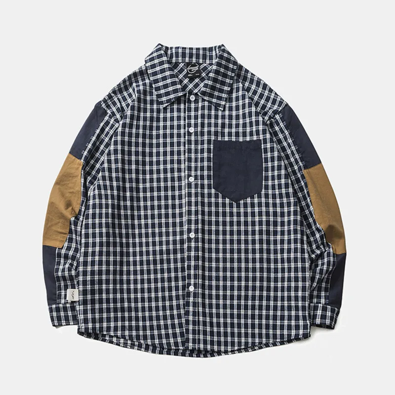 

Harajuku Autumn Patch Plaid Long sleeve Shirt for Men American Retro Tooling Loose Patchwork Lapel Shirt Jacket Male Streetwear