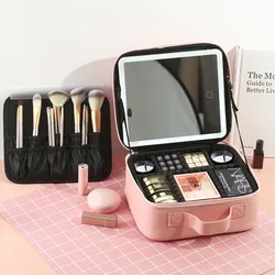 Makeup Bag with Mirror and Light Travel Makeup Train Case Cosmetic Organizer Portable Storage Bag with Adjustable Dividers