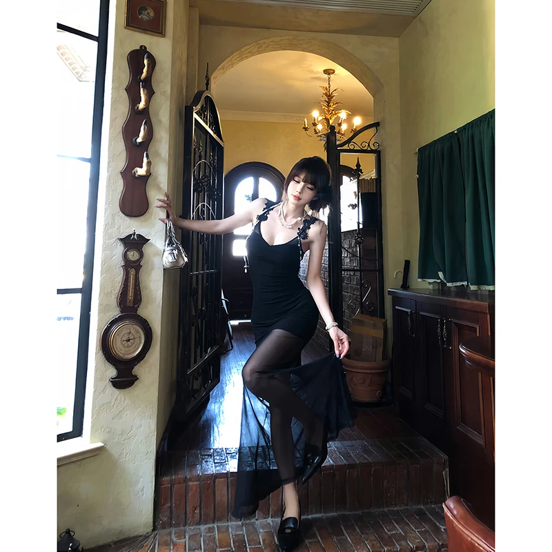 Vestido camisero de malla sexi para mujer, vestido coreano elegante con espalda descubierta transparente para fiesta, Vestidos ajustados de verano a la moda con flores negras y cuello en V, novedad