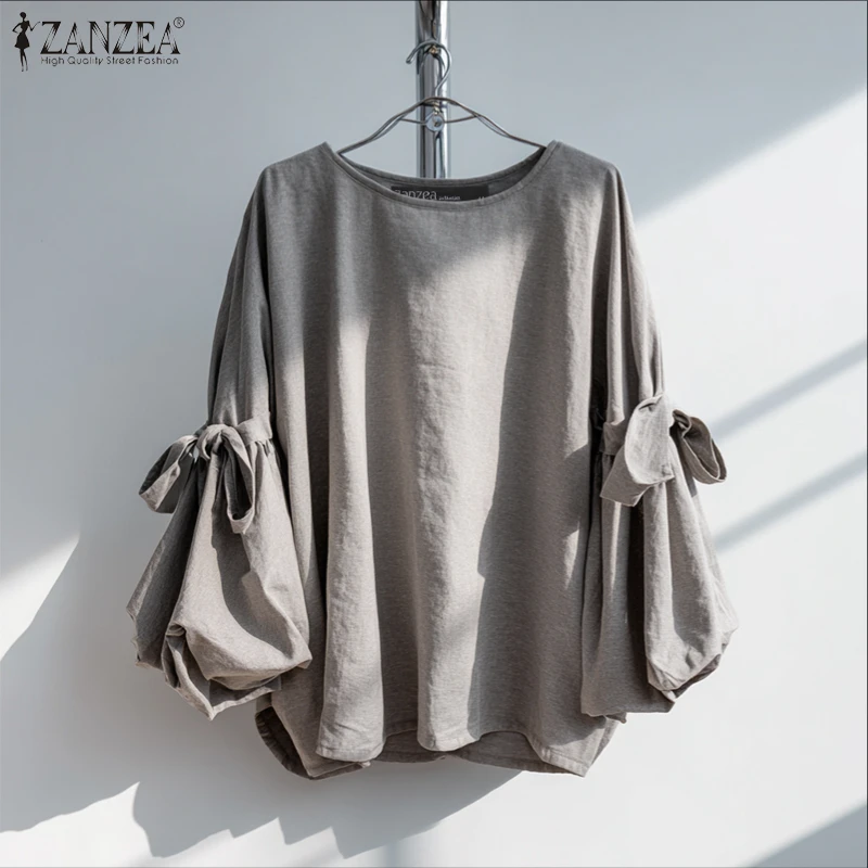 ZANZEA Fashion Women Blouse Long Lantern Sleeve Solid Shirts Elegant Office Lady Bow Top Spring Autumn Casual Loose Blusas Femme
