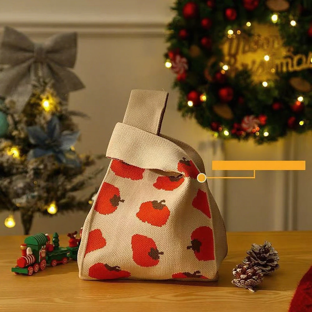 

Holiday Handheld Bag Portable Christmas Tote Bag Knitted Handbag Plaid Large Capacity Shopping Bag 2026 New Year Gift