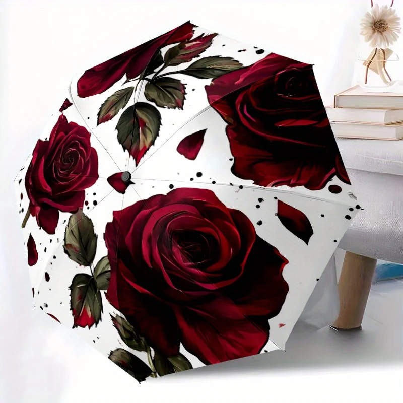 

1pc Automatic Open/Close Umbrella with Red Rose Floral pattern - Elegant Floral Parasol, Compact Folding Umbrella with Sturdy