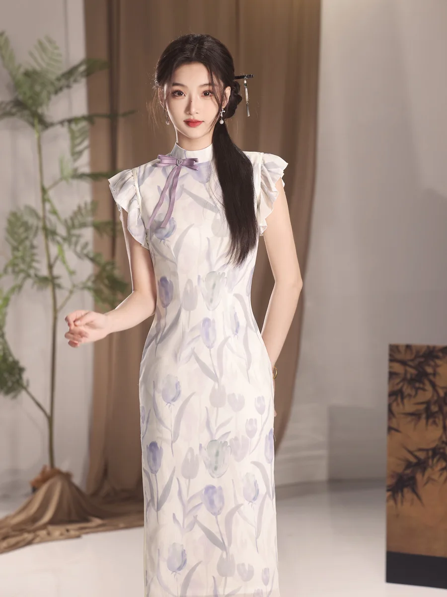 Vestido de noche exquisito Cheongsam de alta gama con estampado de tulipán de gasa joven de estilo chino, nuevo