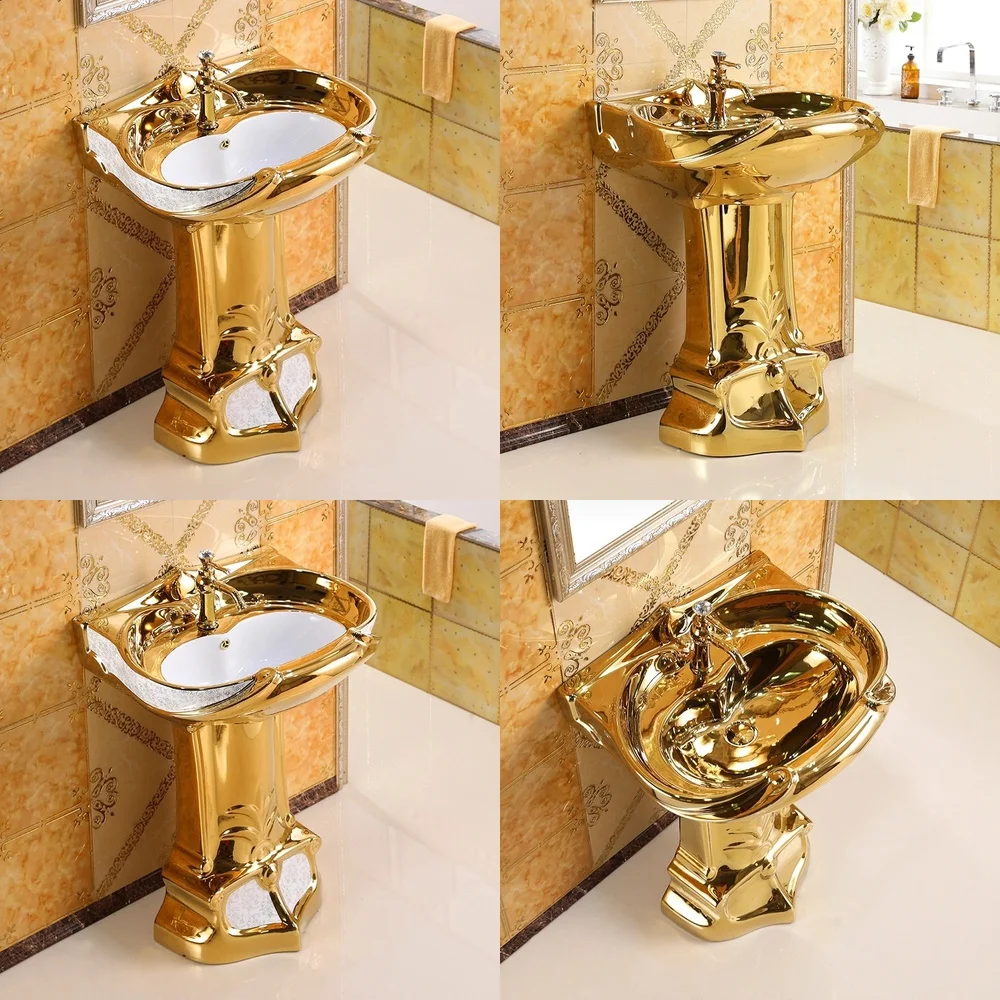 Local Tyrant Gold Column Basin for Bathroom Floor Standing Wash Basin Electroplated Gold Split Column Floor to Ceiling Large