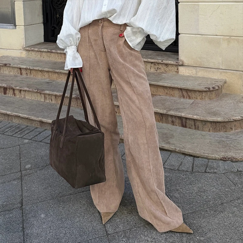 OMSJ automne hiver Style de rue rétro couleur unie bouton fermeture éclair coton ample loisirs velours côtelé pantalon droit à la mode femmes tenue