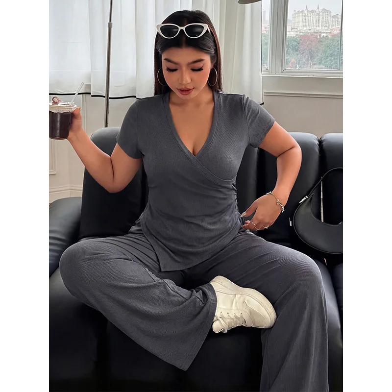 

Plus Size Gray V Neck Ruched Irregular Hem Top Wide Leg Pants Casual 2 Piece Set Women