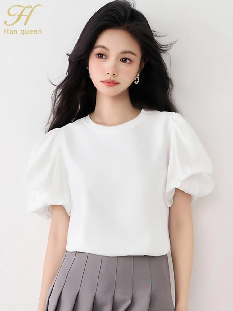 

Women Vintage Casual Female Work Wear Office Shirts And Blouses 2025 Summer Tops Korean Basic Puff Sleeve T-Shirts