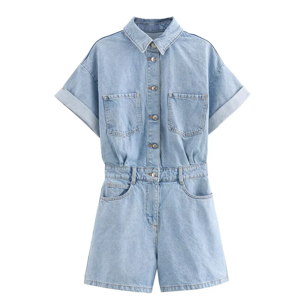 European And American Style 2024 Summer Women\'s Clothing New Fashion Casual Temperament Solid Color Denim Short Jumpsuit