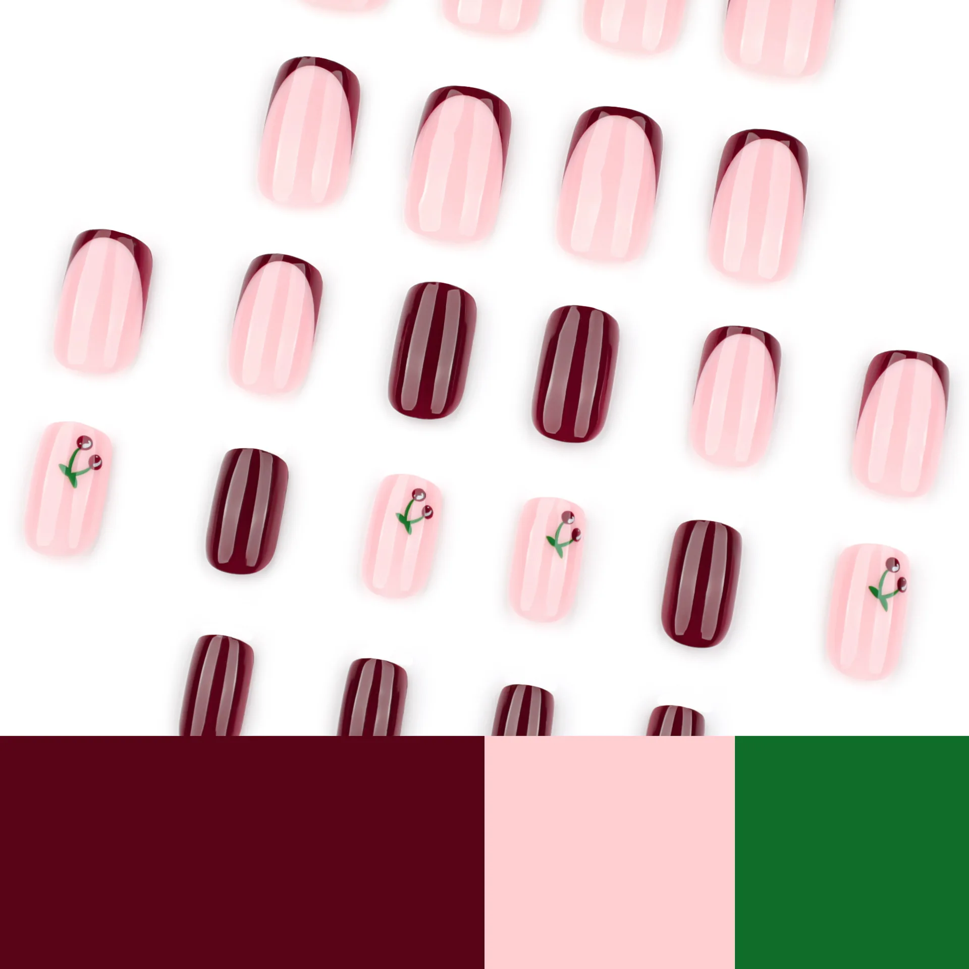 24pcs False Nails French Wine Red Simple Short Square Nails Cherry-shaped Press-on Full-coverage Nail Stickers Suitable for Girl