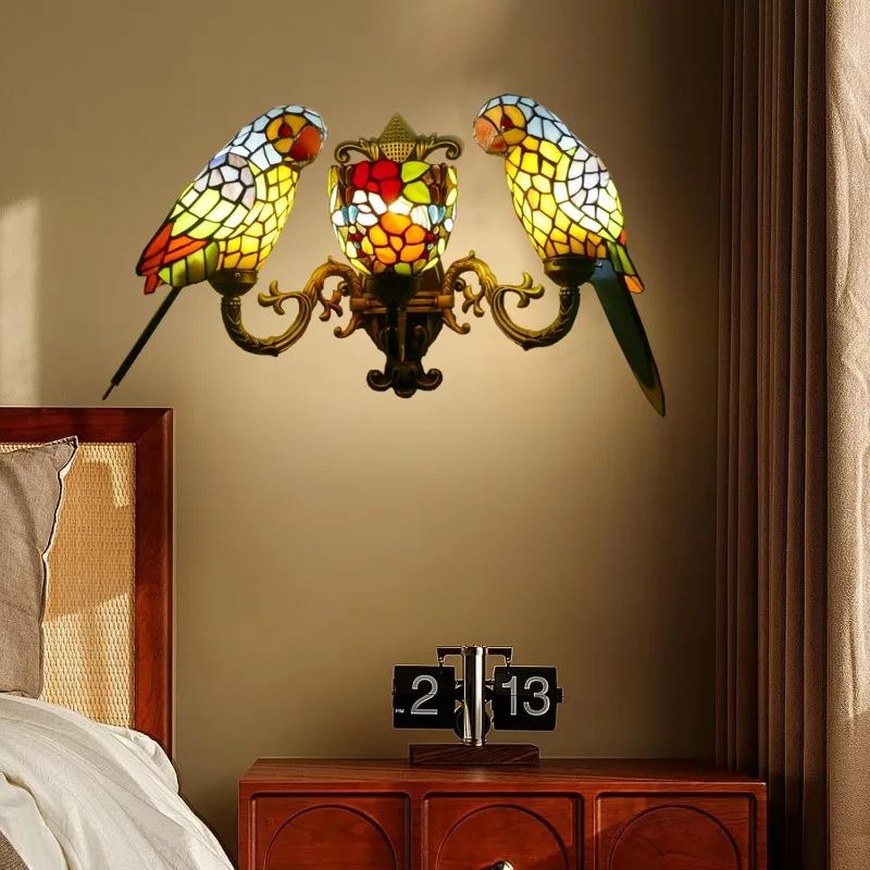 European retro mid-century design stained glass parrot dining room bedroom bar wall lamp