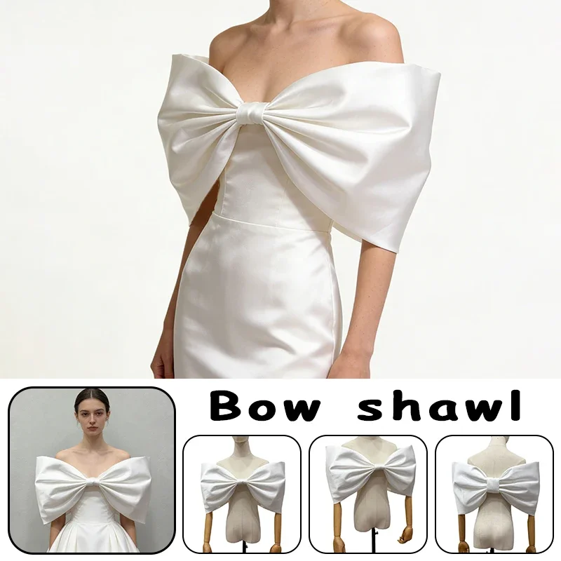 

Oversize Bride Shawl Personality White Satin Bow Shawl With Puff Sleeves Women Elegant Party Wedding Bridal Gown Decor Accessory