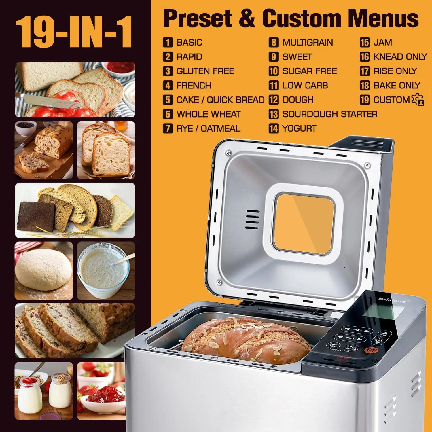 Bread Maker Machine with Ceramic Nonstick Pan, 19 Menus, 2 Pound Stainless Steel with Glass Touch Panel, Gluten Free,