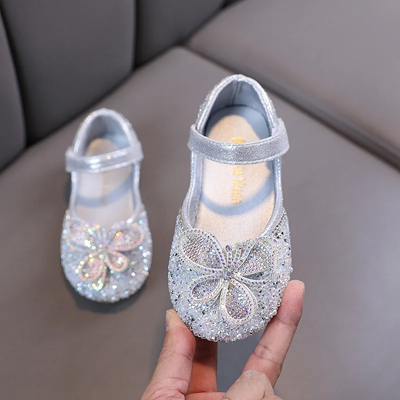 

New Children's Rhinestone Mary Jane Shoes Glitter Butterfly Girls Causal Dress Shoes Kids Princess Flat Shoes for Wedding Party