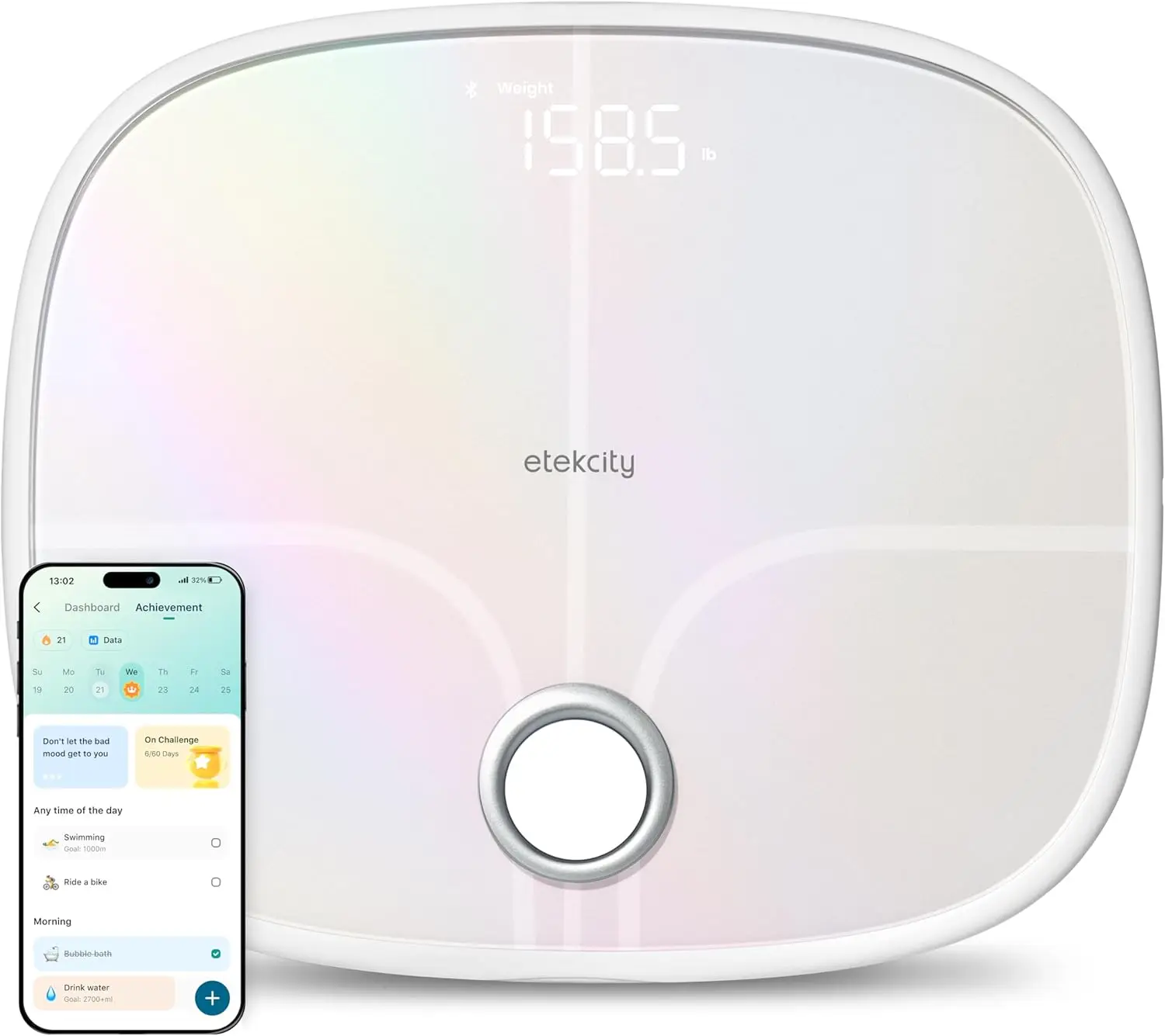 

Smart Rechargeable Body Scale with BMI, Fat, Muscle Mass Tracking, Bluetooth App Connectivity in Rainbow White